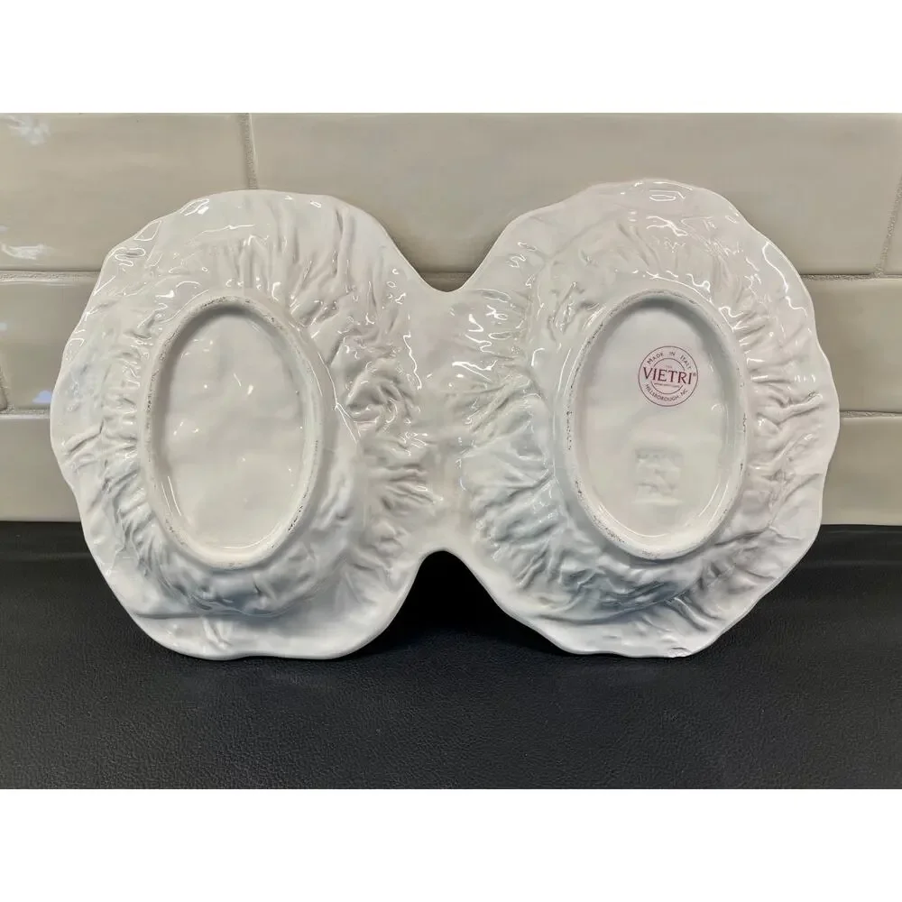 Italian Majolica Vietri Divided White Cabbage Leaf and Asparagus Dish